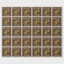 Papel De Presente Elegante, Castanho, Faux Dourado 4º Aniversário +