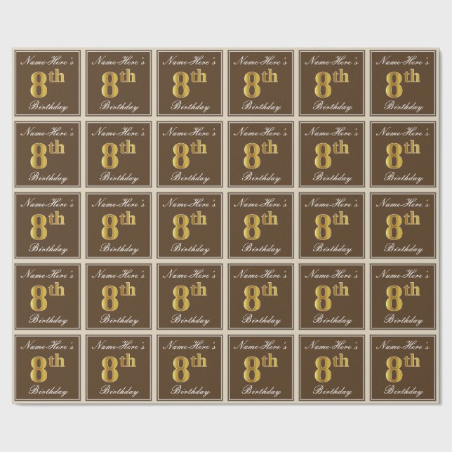 Papel De Presente Elegante, Castanho, Faux Dourado 8º Aniversário +  (Aberto)