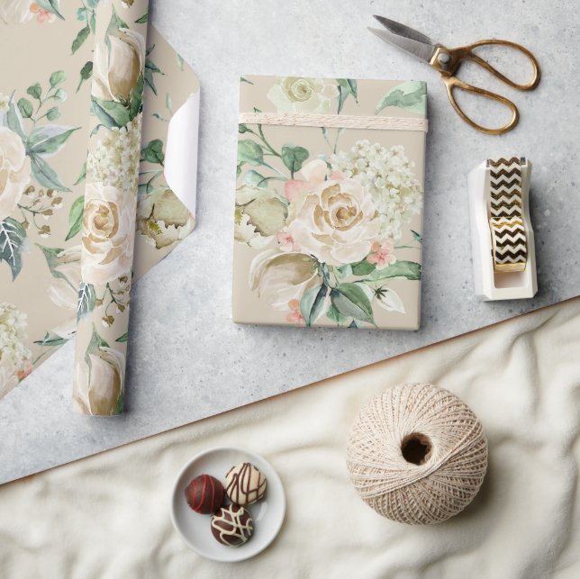 Papel De Presente Elegante Champagne Floral Botânico Casamento Creme (Artesanato)