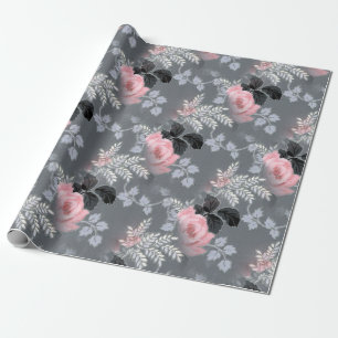 Papel De Presente Elegante Chic Vintage Cinza Victoriana Rosa Floral