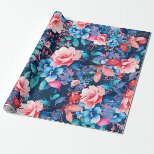 Papel De Presente Elegante Chic Watercolor Floral Birthday Marinho B