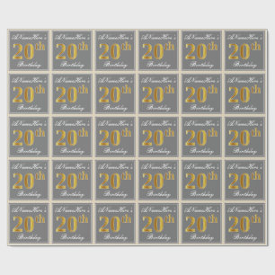 Papel De Presente Elegante, Cinza, Faux Dourada 20 Aniversário + Nom