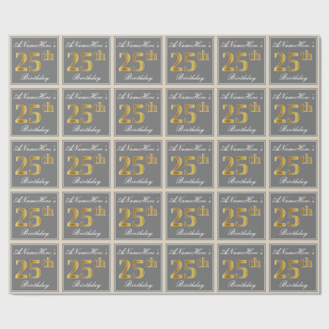 Papel De Presente Elegante, Cinza, Faux Dourada 25 Aniversário + Nom (Aberto)