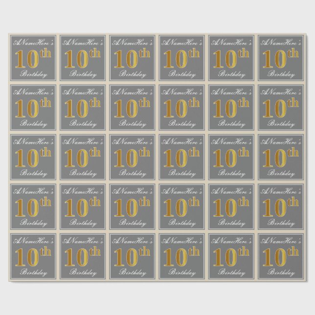 Papel De Presente Elegante, Cinza, Faux Dourado 10º Aniversário + No (Aberto)