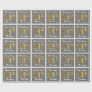 Papel De Presente Elegante, Cinza, Faux Dourado 18º Aniversário +