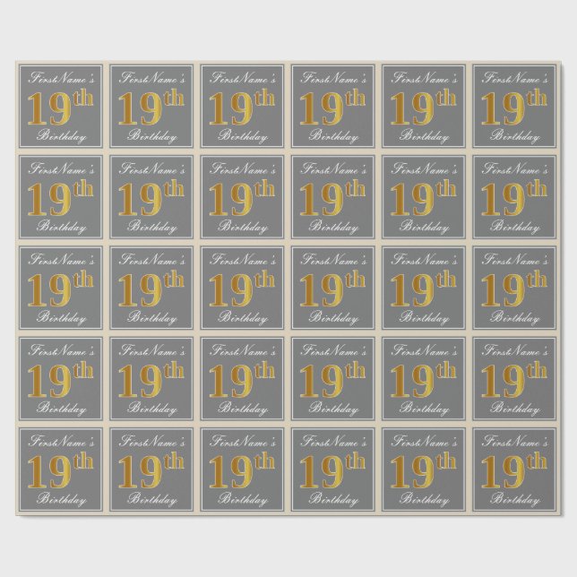Papel De Presente Elegante, Cinza, Faux Dourado 19º Aniversário + No (Aberto)