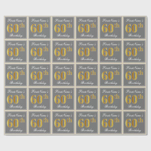 Papel De Presente Elegante, Cinza, Faux Dourado 60º Aniversário +