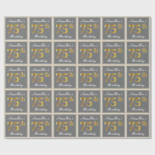 Papel De Presente Elegante, Cinza, Faux Dourado 75º Aniversário + 