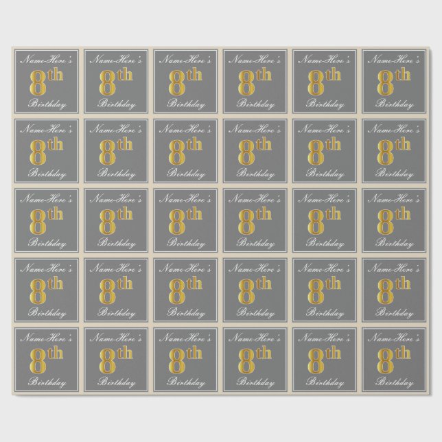 Papel De Presente Elegante, Cinza, Faux Dourado 8º Aniversário; Nome (Aberto)