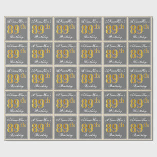 Papel De Presente Elegante, Cinza, Faux Dourado 89º Aniversário + 
