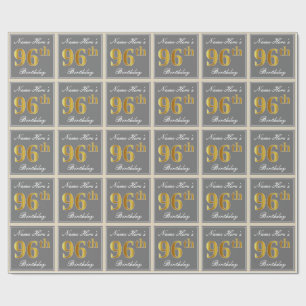 Papel De Presente Elegante, Cinza, Faux Dourado 96º Aniversário + No