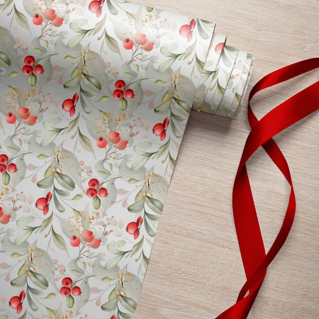 Papel De Presente Elegante Clássico Verde e Berries Natal (White Elegant Botanical Christmas Wrapping Paper with foliage and berries. PERFECT FOR ANY STILE)