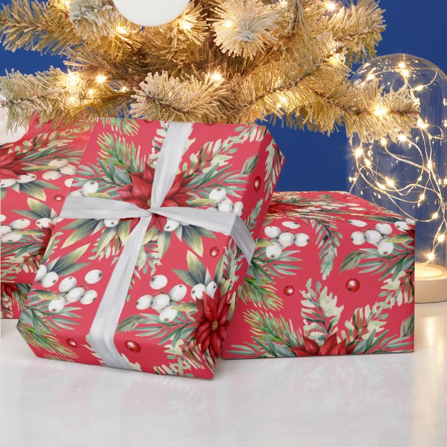 Papel De Presente Elegante Clássico Verde Vermelho de Poinsettia Nat (Feriados)
