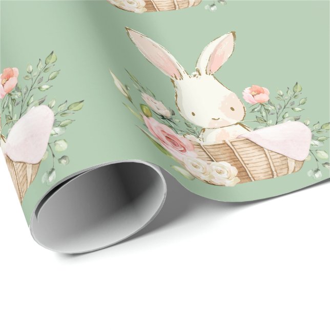 Papel De Presente Elegante Coelho Chá de fraldas Verde (Ponta do rolo)