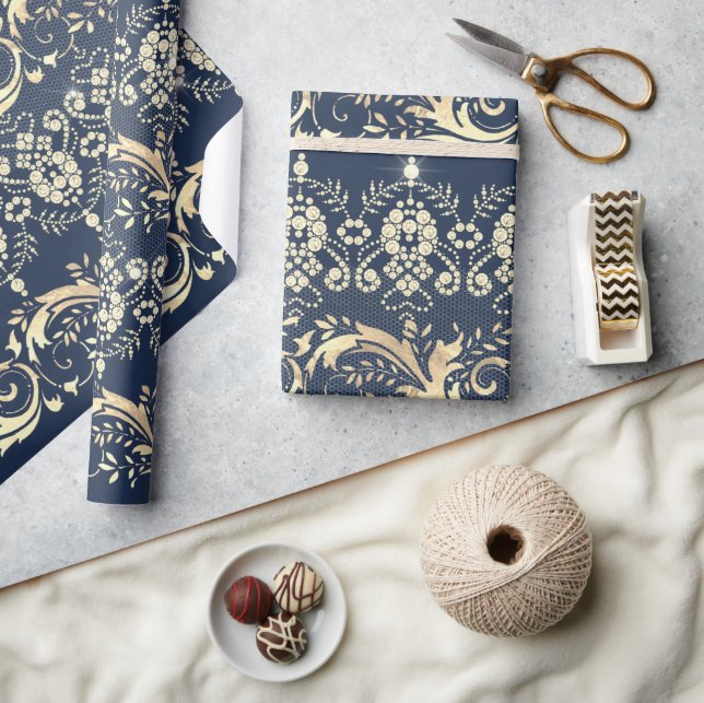 Papel De Presente Elegante cor damasco azul-dourada (Artesanato)