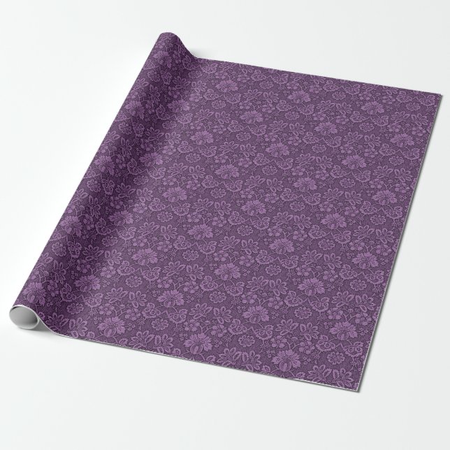 Papel De Presente Elegante Cor damasco Floral Roxo  (Desenrolado)