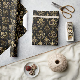 Papel De Presente Elegante Corações Preto e Dourado Valente Damask