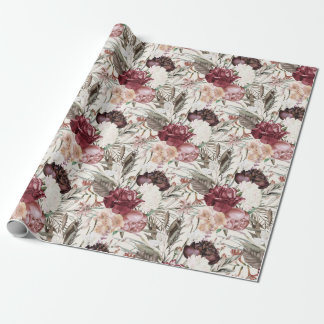 Papel De Presente Elegante Creme Floral Verde Burgundy Vinho 