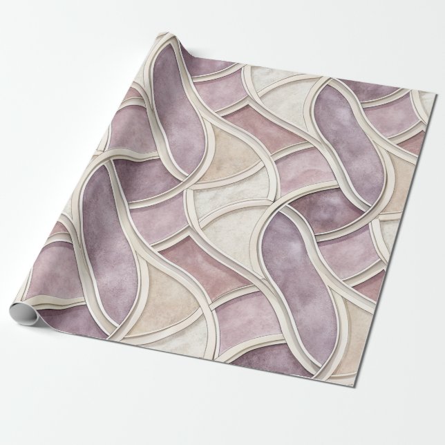 Papel De Presente Elegante Curvado em Creme e Lilás – Geométrico (Desenrolado)
