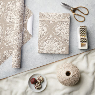 Papel De Presente Elegante Damasco Creme Bege