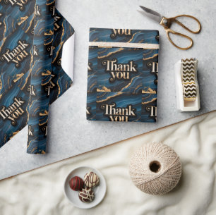 Papel De Presente Elegante Design de Agradecimento com Azul e Dourad