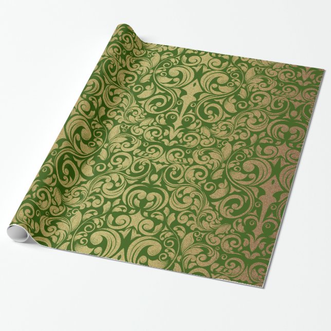 Papel De Presente Elegante Dourada Glitter Royal Green Damask (Desenrolado)