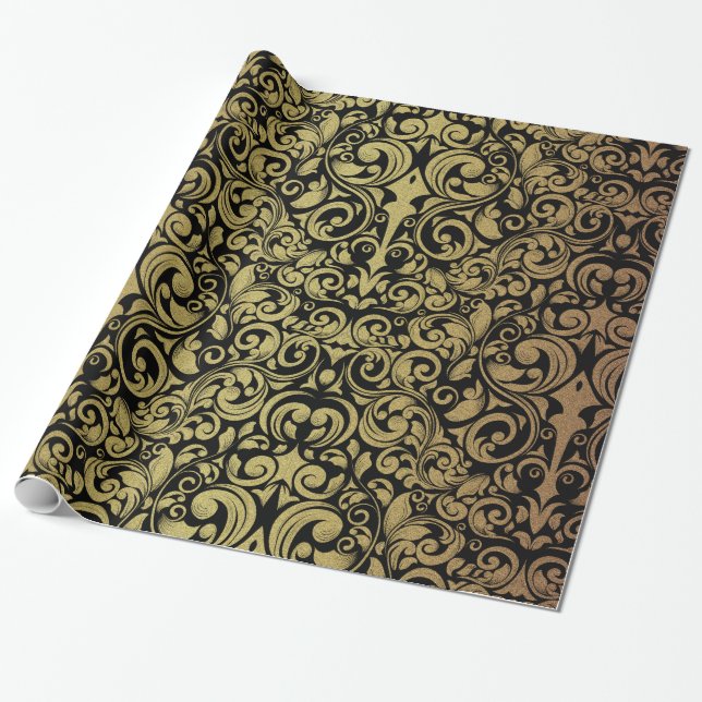Papel De Presente Elegante Dourado Luminter Royal Black Damask (Desenrolado)