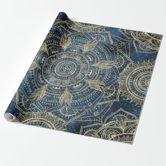 Papel De Presente Elegante Dourado Mandala Blue Whimsy Design (Desenrolado)