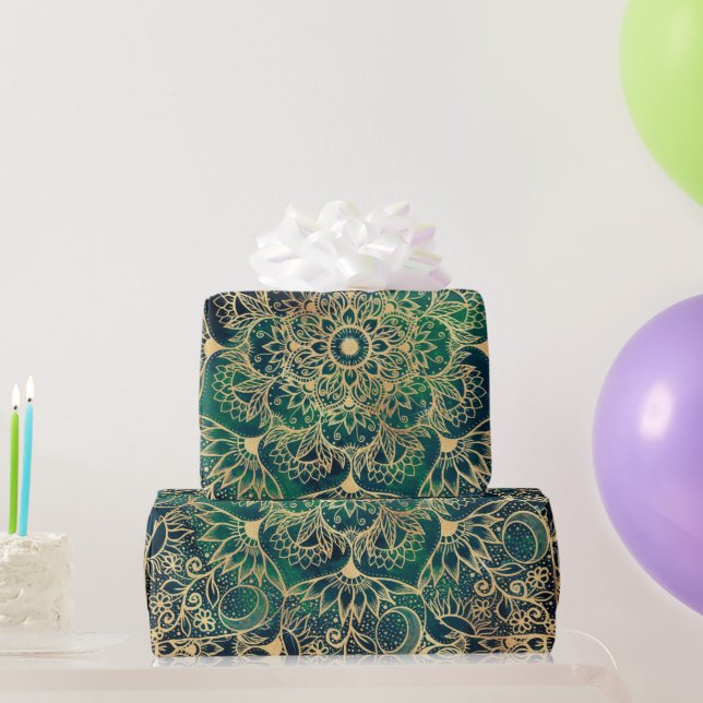 Papel De Presente Elegante Dourado Mandala Floral Verde Azul (Presentes para festas)
