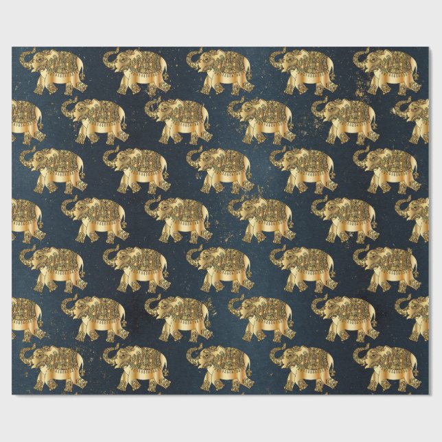 Papel De Presente Elegante Dourado Paisley Floral Elephant,Azul Escu (Aberto)