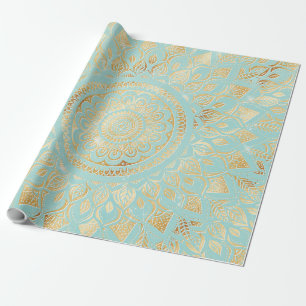 Papel De Presente Elegante Dourado Teal Mandala Floral