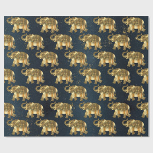 Papel De Presente Elegante Elefante Floral Paisley Dourado, Azul Esc