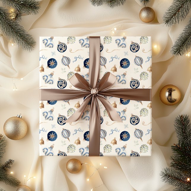 Papel De Presente Elegante Enfeites de natal Azul de Aquarela (Criador carregado)