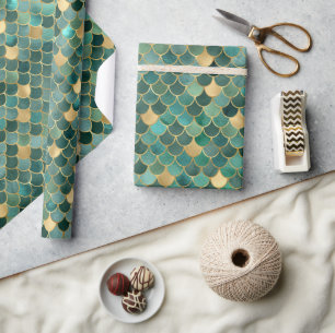 Papel De Presente Elegante Escamas de Sereia em Verde Ombre e Folha 