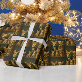 Papel De Presente Elegante Família de Corgi Adorável Natal