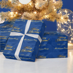 Papel De Presente Elegante Faux Dourado Script Feliz Natal Azul