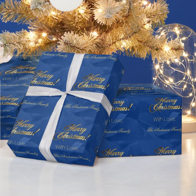Papel De Presente Elegante Faux Dourado Script Feliz Natal Azul (Feriados)