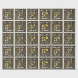 Papel De Presente Elegante, Faux Wood, Faux Dourada 5 Birthday + Nom