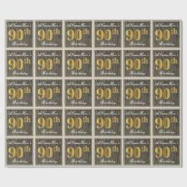 Papel De Presente Elegante, Faux Wood, Faux Dourada 90 Birthday + No