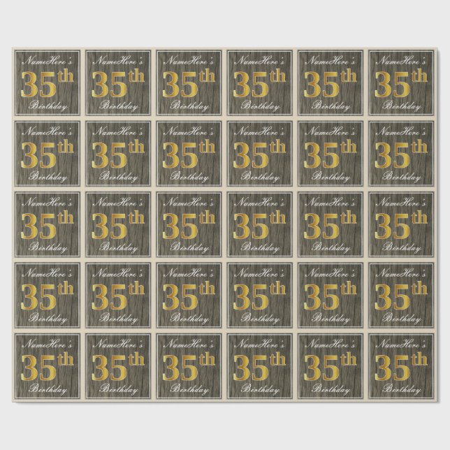 Papel De Presente Elegante, Faux Wood, Faux Dourado 35.º Aniversário (Aberto)