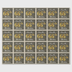 Papel De Presente Elegante, Faux Wood, Faux Dourado 66º Aniversário 