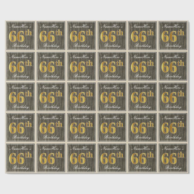 Papel De Presente Elegante, Faux Wood, Faux Dourado 66º Aniversário  (Aberto)