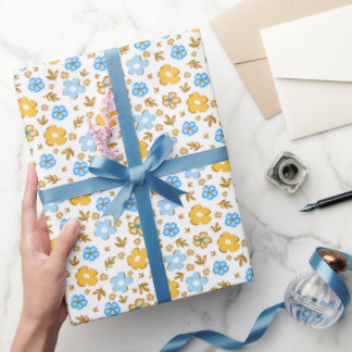 Papel De Presente Elegante Floral Azul Amarelo Rústico Campestre Dit