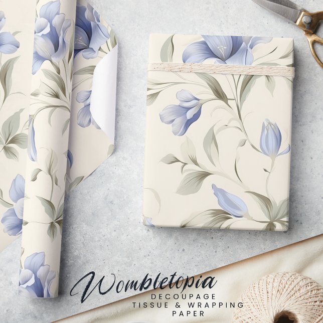 Papel De Presente Elegante Floral Azul Bonito sobre Fundo Creme (Criador carregado)