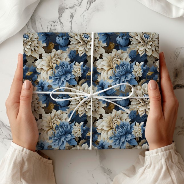 Papel de Presente Elegante Floral Azul Marinho Mar (Chic Blue Ivory Floral Elegant Gift Wrapping Paper)