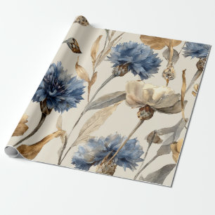 Papel De Presente Elegante Floral Botânica Vintage Milho Azul