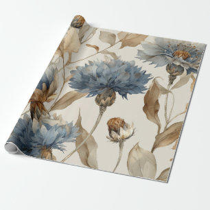 Papel De Presente Elegante Floral Botânica Vintage Milho Azul