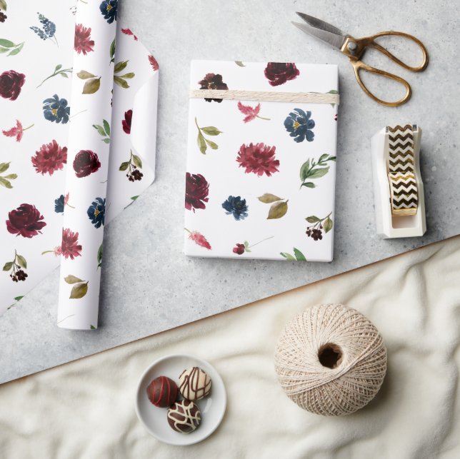 Papel De Presente Elegante Floral Burgundy Rústico Aquarela Bonito (Artesanato)