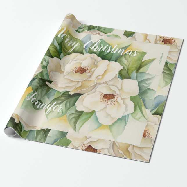 Papel De Presente Elegante Floral Christmas Magnolia White Name  (Desenrolado)