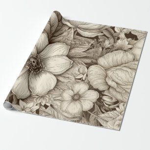 Papel De Presente Elegante Floral Creme e Marrom com Profundidade